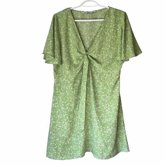 Zara Green Floral Short Sleeve Mini Dress Size XL - Picture 1 of 10